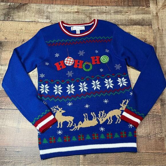 Jolly Sweaters | Blue HOHOHO Holiday Drunk Reindeer Ugly Christmas Sweater Sz S - Picture 1 of 4